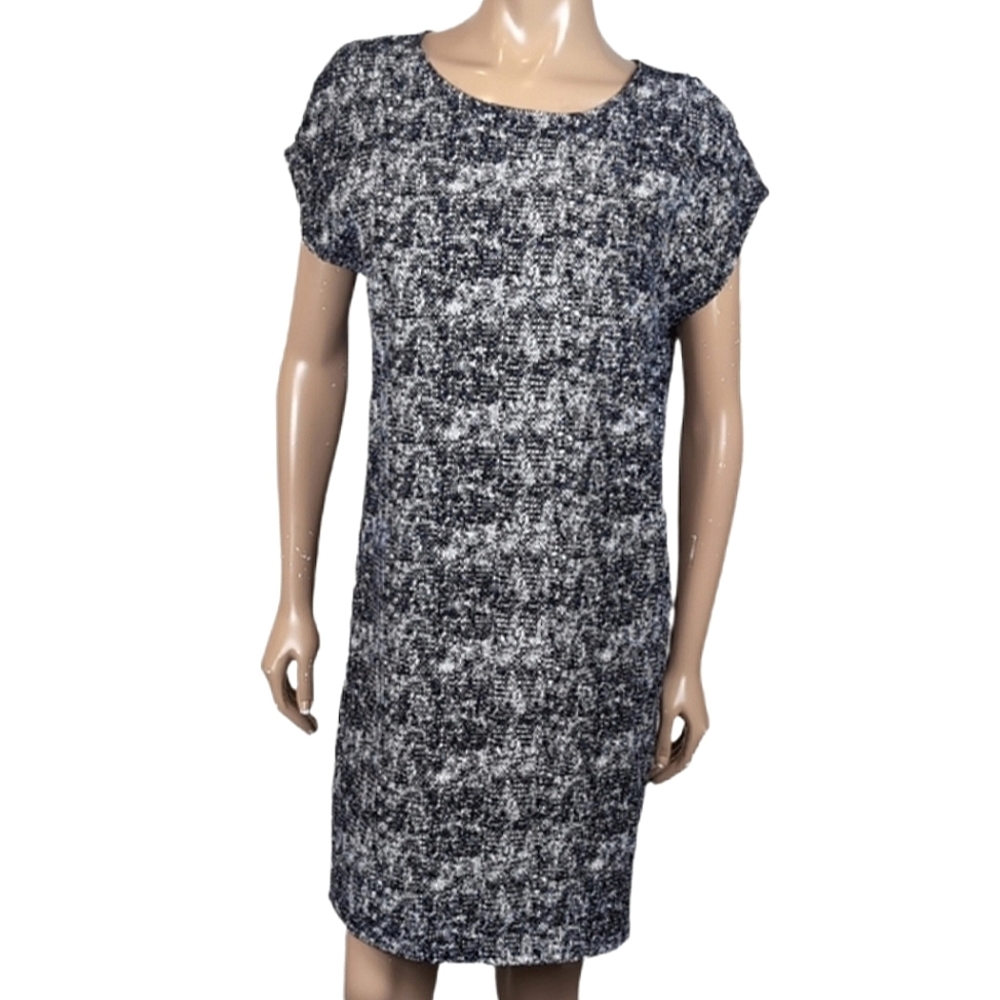 Lila Rose Cap Sleeve Shift Dress Womens Size 8 Black White Knee Length